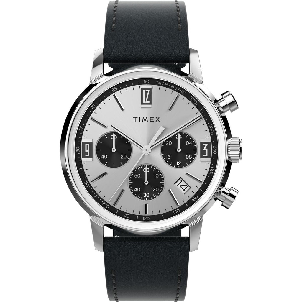 Timex Marlin Chronograph Tachymeter TW2W10300UJ 40mm silver-tone panda dial with black sub-dials and black genuine leather strap men's watch