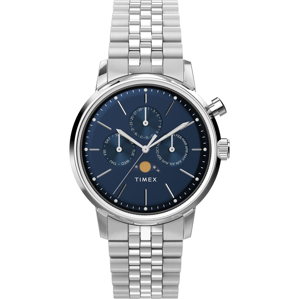 Timex Marlin TWEG26802 40mm navy blue sunray moon phase multifunction dial silver-tone stainless steel bracelet men's watch
