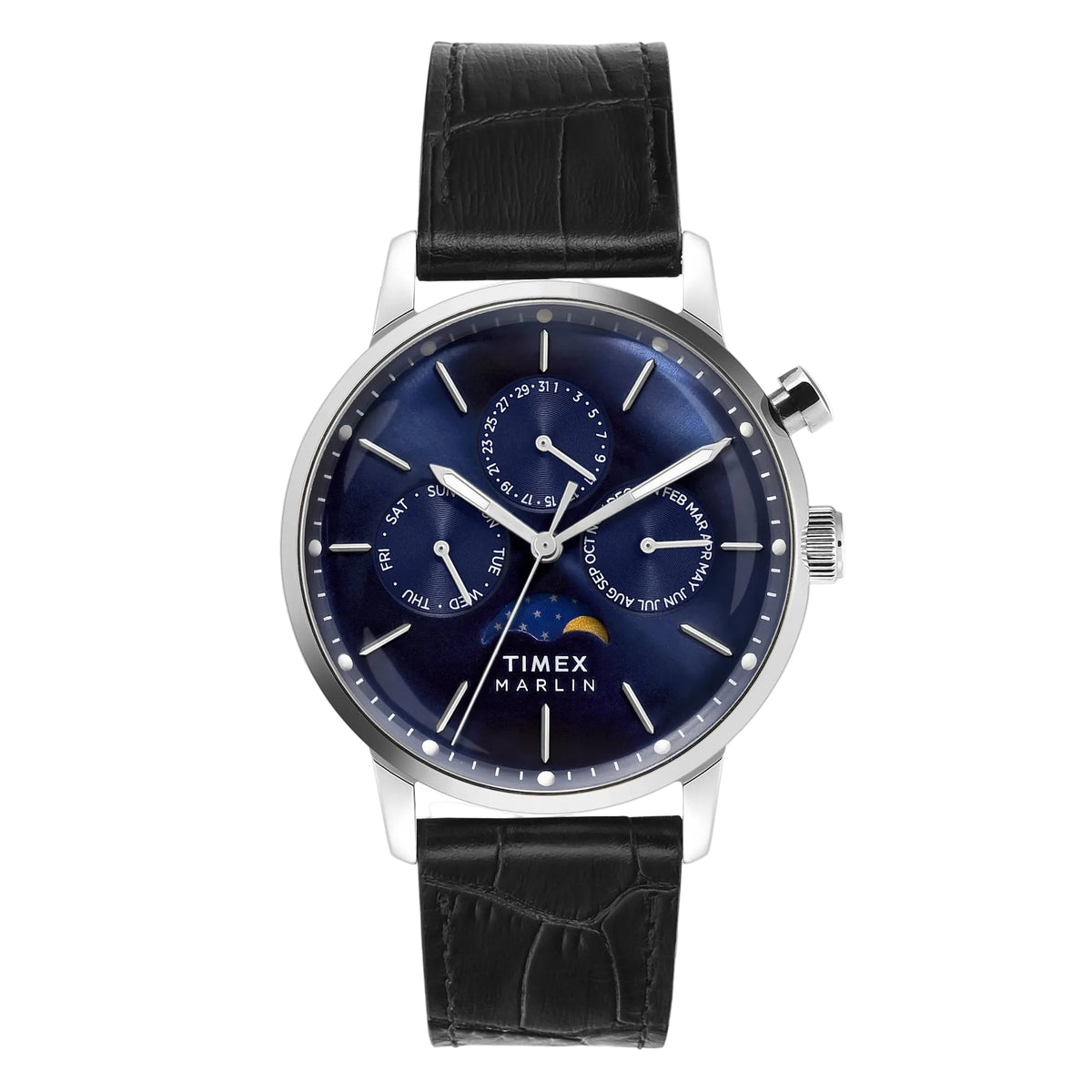 Timex Marlin TWEG26803 40mm Navy Blue Sunray Moon Phase Multifunction Dial Black Leather Men's Watch