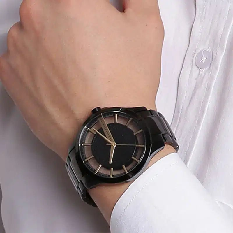 Armani Exchange Hampton Three-Hand Date Gold Toned Black Dial Black Stainless Steel Men's Watch | Armani Exchange AX2192 - VERSE -