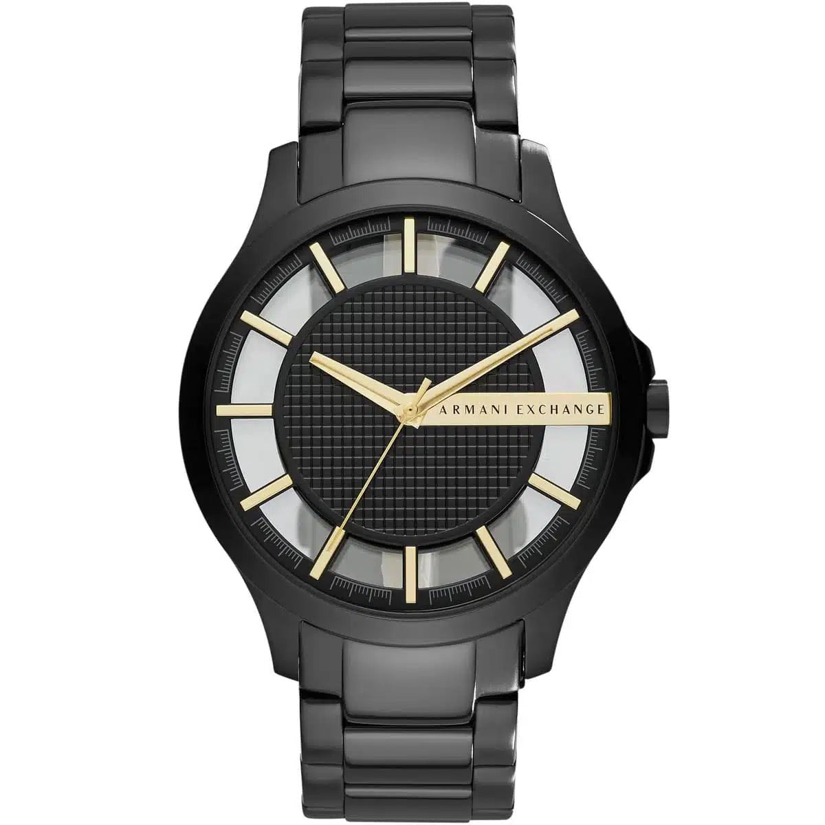 Armani Exchange Hampton Three-Hand Date Gold Toned Black Dial Black Stainless Steel Men's Watch | Armani Exchange AX2192 - VERSE -