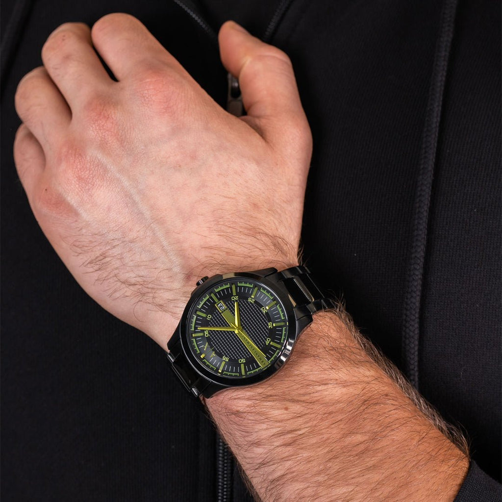 Armani Exchange Hampton Three-Hand Date Triple Black Textured Dial Black Stainless Steel Men's Watch | Armani Exchange AX2407 - VERSE -