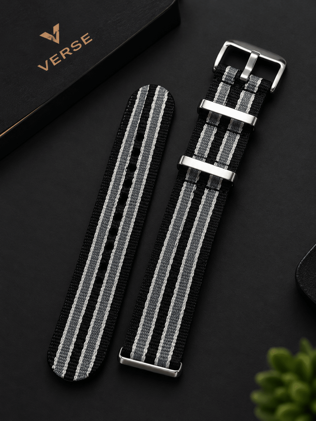 Black & Grey Striped NATO Nylon Watch Strap - VERSE -