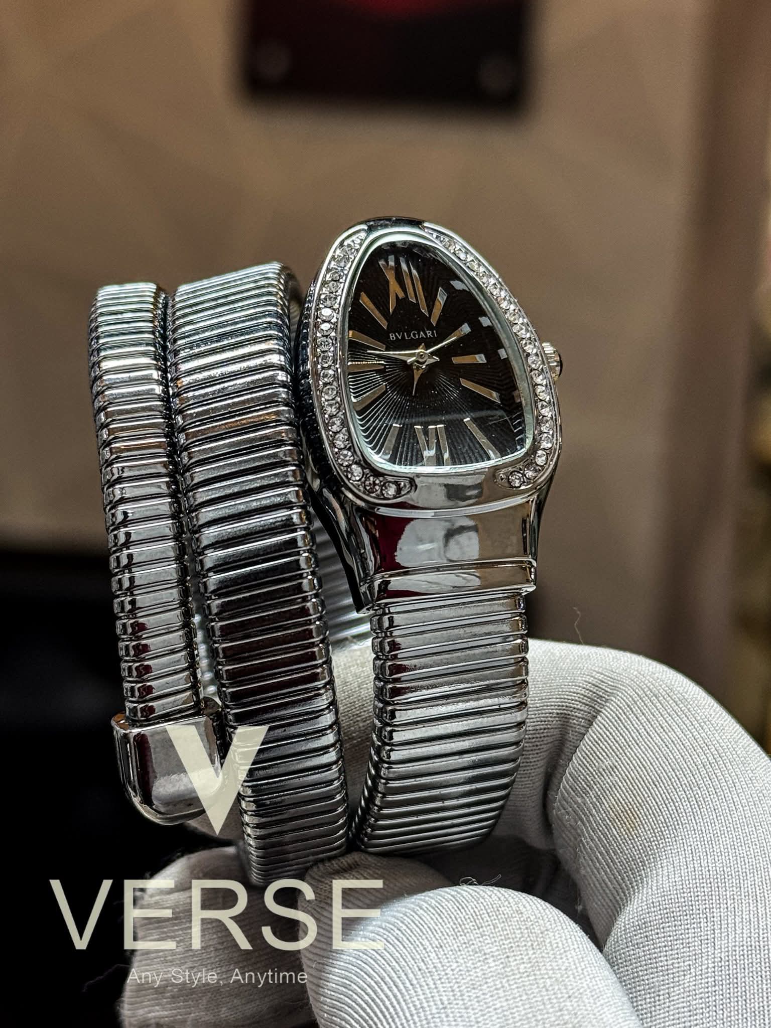 Bulgari Serpenti Tubogas | Silver Double - Spiral Bracelet Black Dial - ( Double A ) - VERSE - 