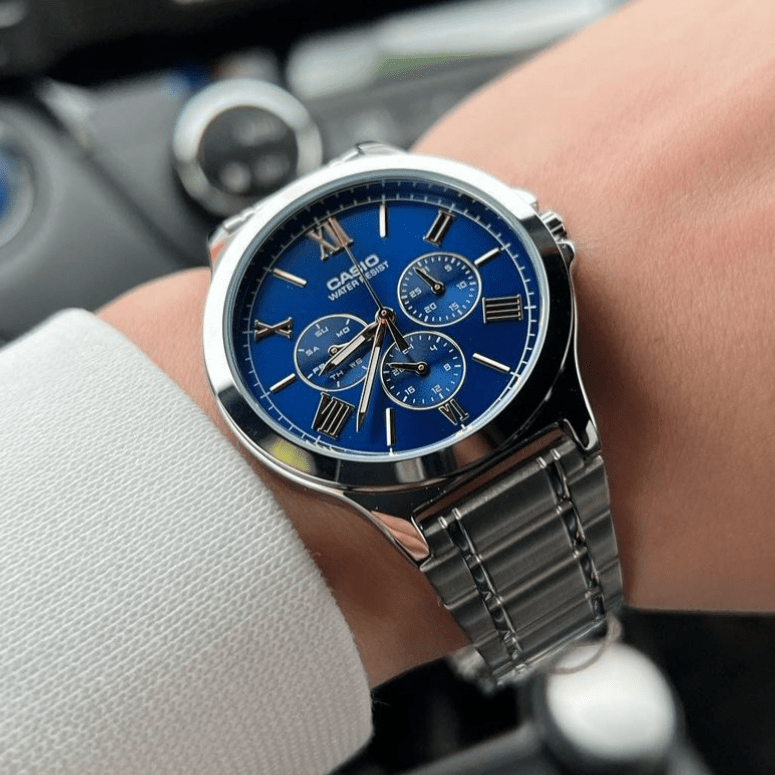 Casio Enticer MTP-V300D-2AUDF Navy Blue Dial Stainless Steel Men's Multifunction Watch | Casio MTP-V300D-2AUDF - VERSE -