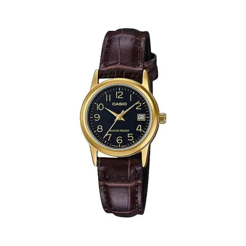 Casio LTP - V002GL - 1BUDF Black Dial Gold Tone Brown Leather Women’s Watch | Casio LTP - V002GL - 1BUDF - VERSE - 