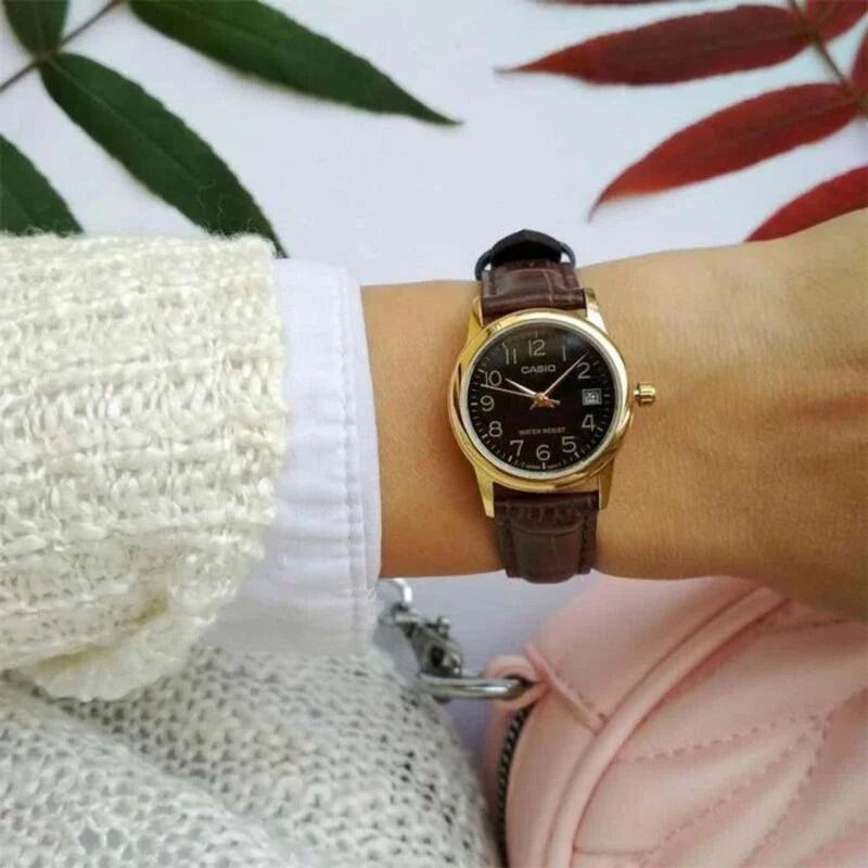 Casio LTP - V002GL - 1BUDF Black Dial Gold Tone Brown Leather Women’s Watch | Casio LTP - V002GL - 1BUDF - VERSE - 