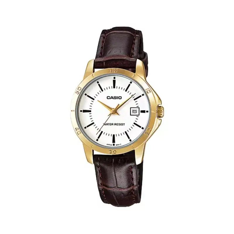 Casio LTP - V004GL - 7AUDF White Dial Gold Tone Brown Leather Women’s Watch | Casio LTP - V004GL - 7AUDF - VERSE - 