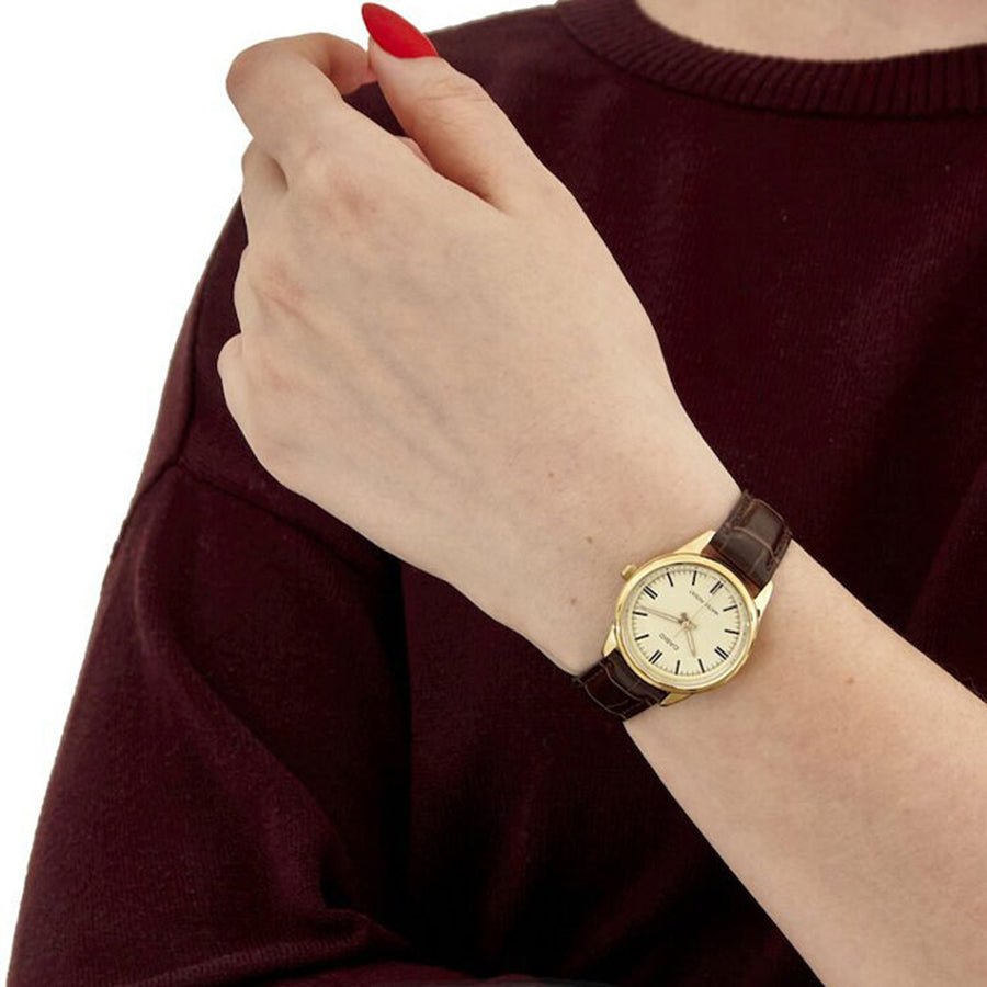 Casio LTP-V005GL-9AUDF Classic Champagne Gold Dial Brown Leather Women's Watch | Casio LTP-V005GL-9AUDF - VERSE -