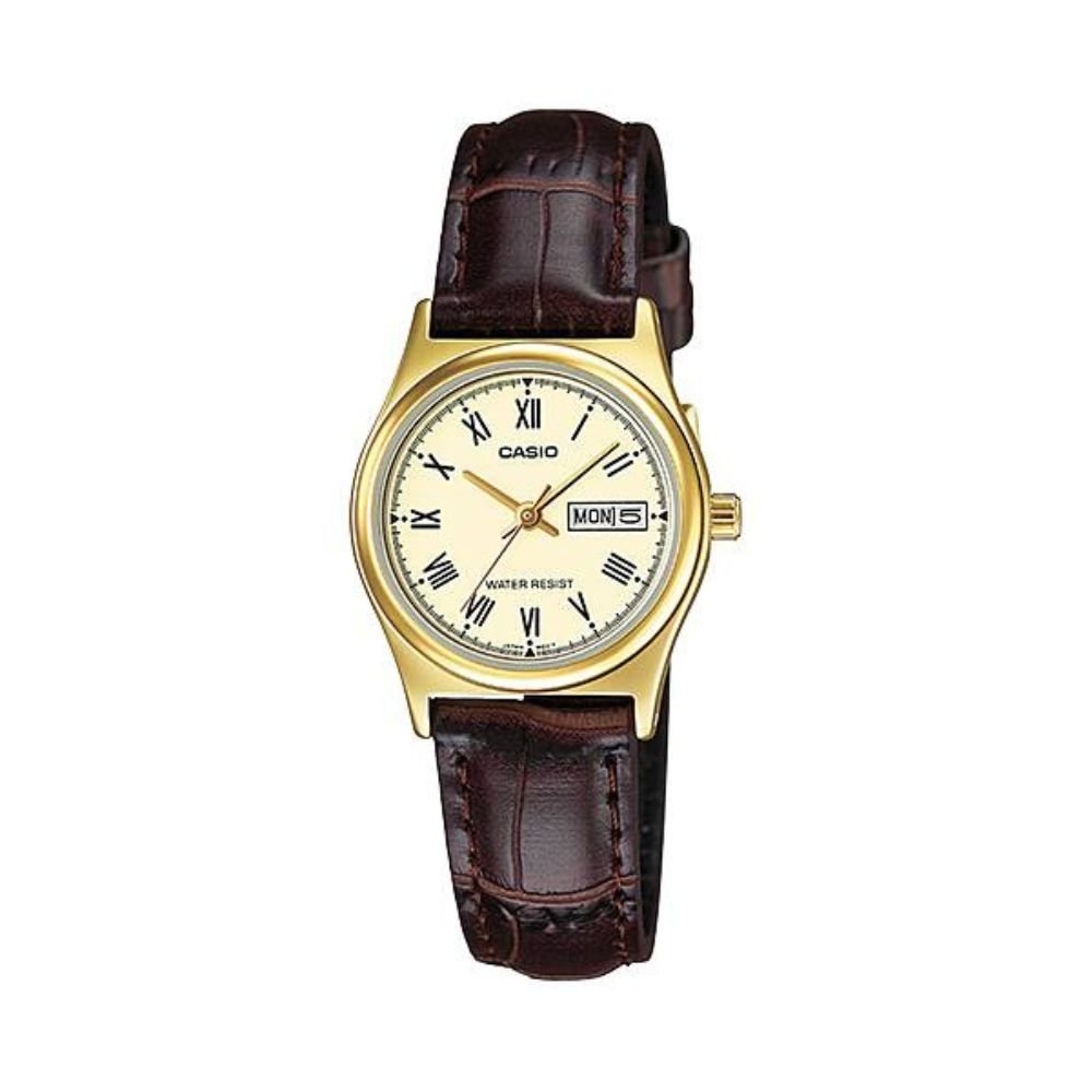 Casio LTP-V006GL-9BUDF Day-Date Gold-Tone Champagne Dial Brown Leather Women's Watch | Casio LTP-V006GL-9BUDF - VERSE -