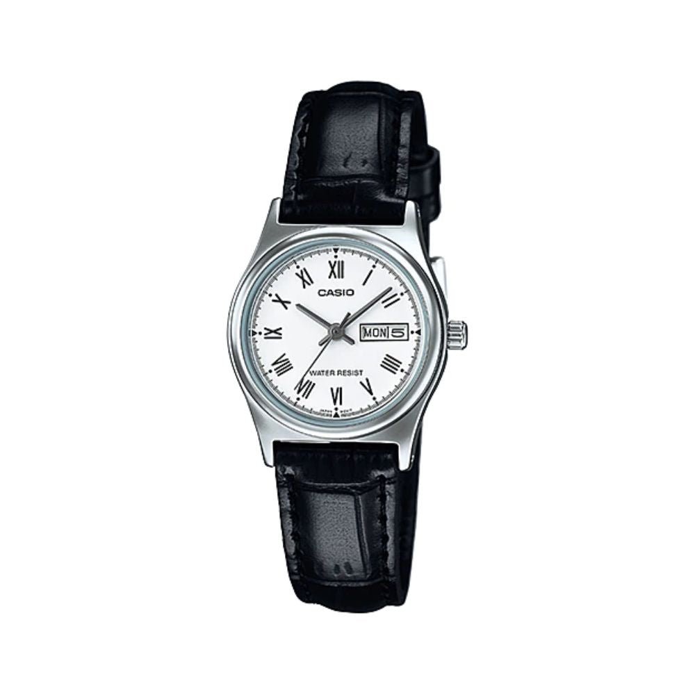 Casio LTP-V006L-7BUDF Day-Date White Dial Black Leather Women's Watch | Casio LTP-V006L-7BUDF - VERSE -