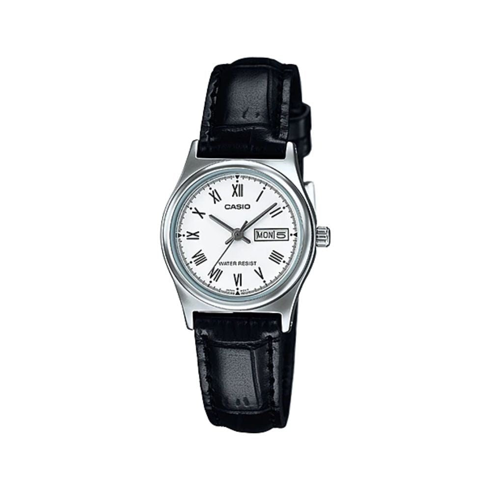 Casio LTP-V006L-7BUDF Day-Date White Dial Black Leather Women's Watch | Casio LTP-V006L-7BUDF - VERSE -