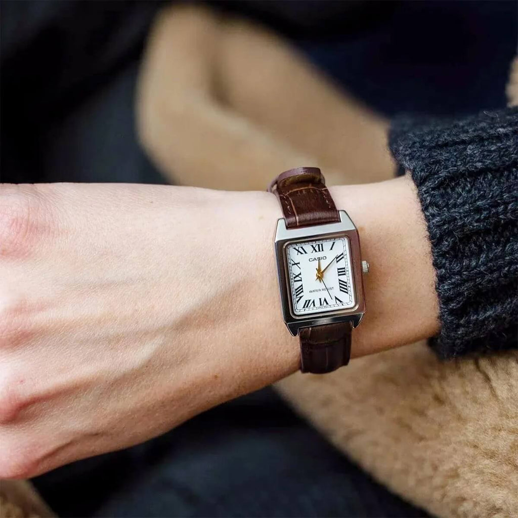 Casio LTP-V007L-7B2UDF White Dial Brown Leather Strap Women's Tank Watch | Casio LTP-V007L-7B2UDF - VERSE -