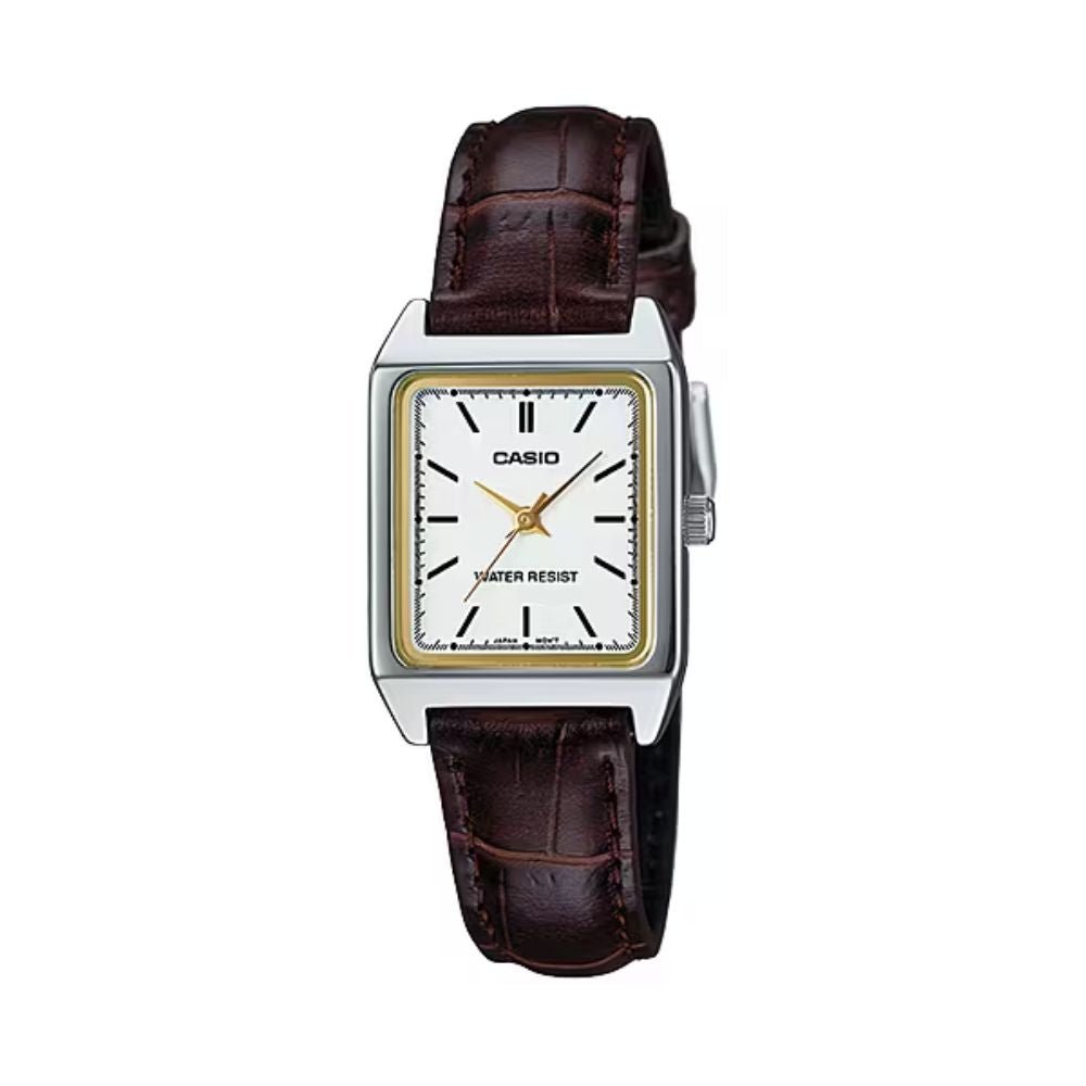 Casio LTP-V007L-7E2UDF White Dial Brown Leather Strap Women's Tank Watch | Casio LTP-V007L-7E2UDF - VERSE -