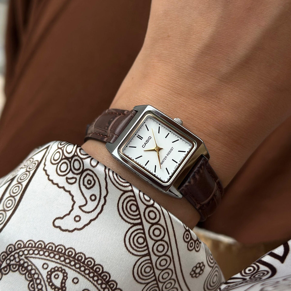 Casio LTP-V007L-7E2UDF White Dial Brown Leather Strap Women's Tank Watch | Casio LTP-V007L-7E2UDF - VERSE -