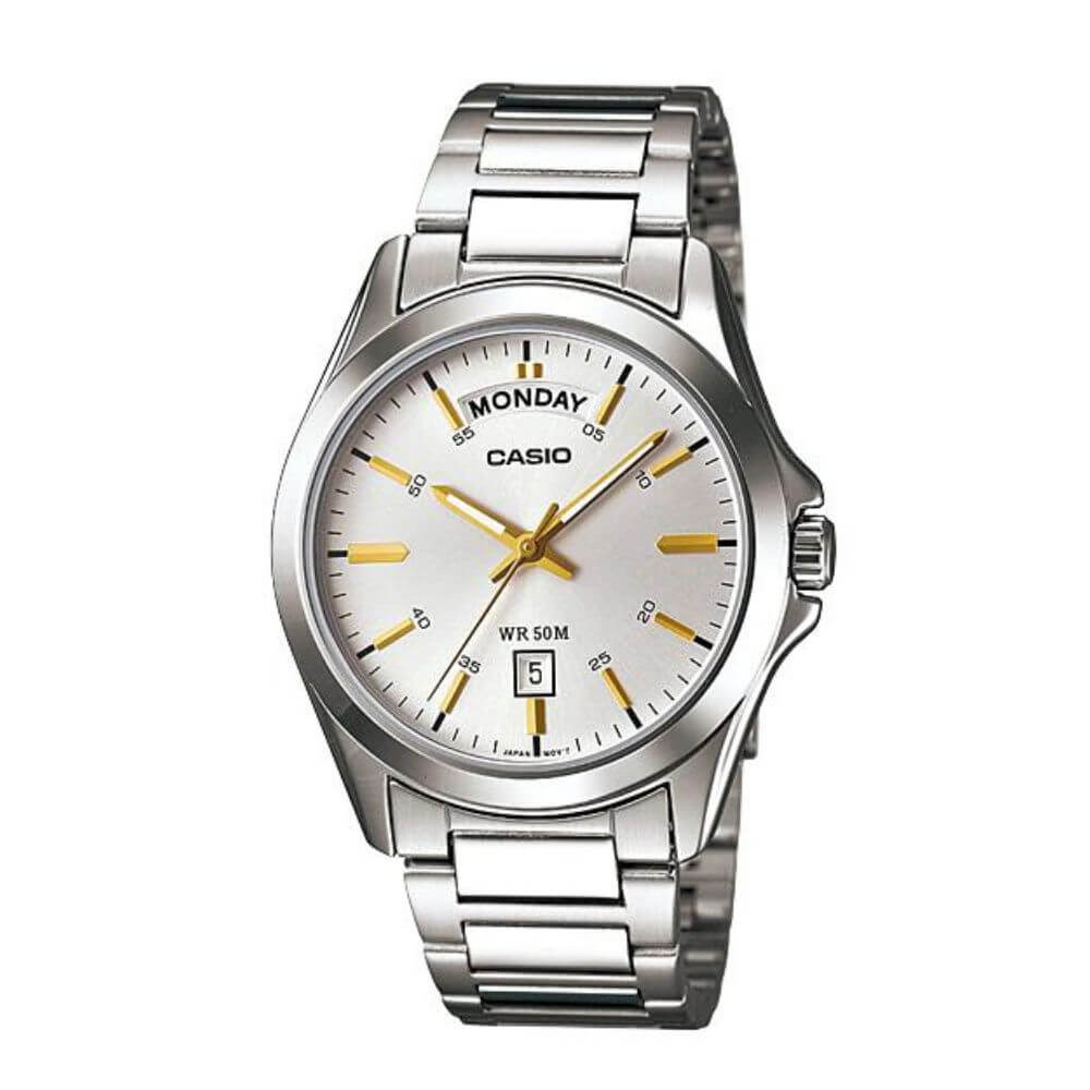 Casio MTP-1370D-7A2VDF Day-Date Gold Toned Silver Dial Men's Watch | Casio MTP-1370D-7A2VDF - VERSE -