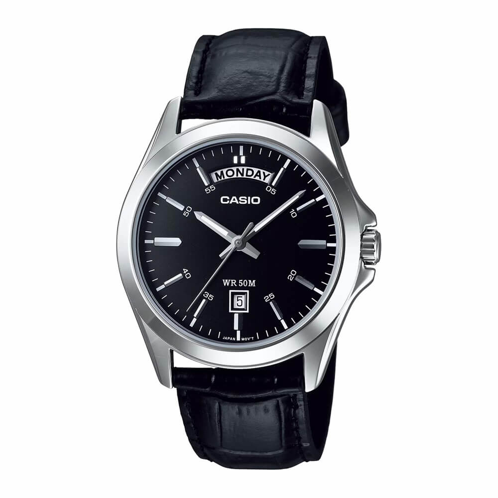Casio MTP-1370L-1AVDF Black Dial Day-Date Men's Black Leather Watch | Casio MTP-1370L-1AVDF - VERSE -