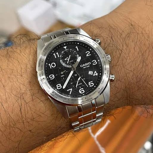 Casio MTP-W500D-1AVDF Black Retro Dial Travel Chronograph Stainless Steel Men's Watch | Casio MTP-W500D-1AVDF - VERSE -