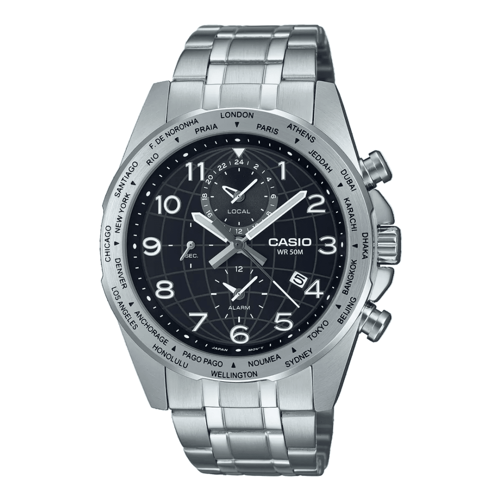 Casio MTP-W500D-1AVDF Black Retro Dial Travel Chronograph Stainless Steel Men's Watch | Casio MTP-W500D-1AVDF - VERSE -