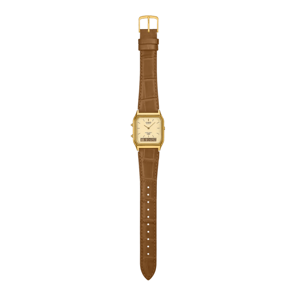 Casio Vintage AQ-230EGL-9ADF Champagne Gold Dial Brown Leather Gold Tone Analog-Digital Unisex Watch | Casio AQ-230EGL-9ADF - VERSE -