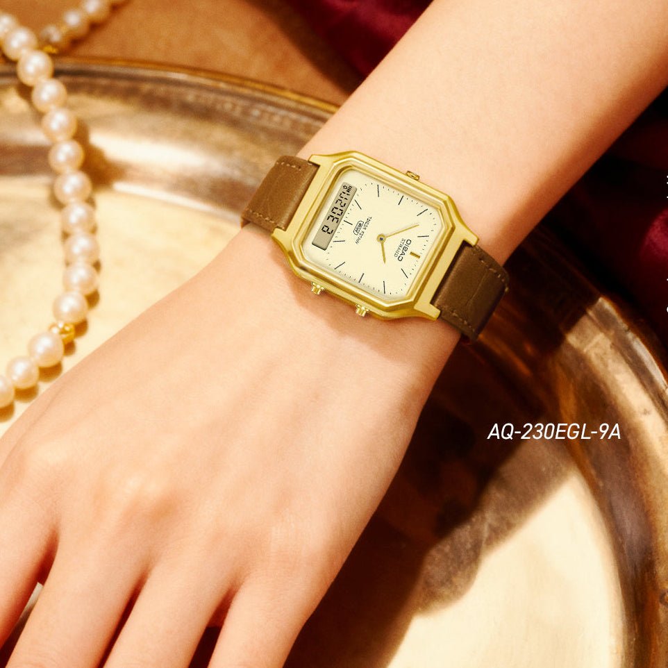 Casio Vintage AQ-230EGL-9ADF Champagne Gold Dial Brown Leather Gold Tone Analog-Digital Unisex Watch | Casio AQ-230EGL-9ADF - VERSE -