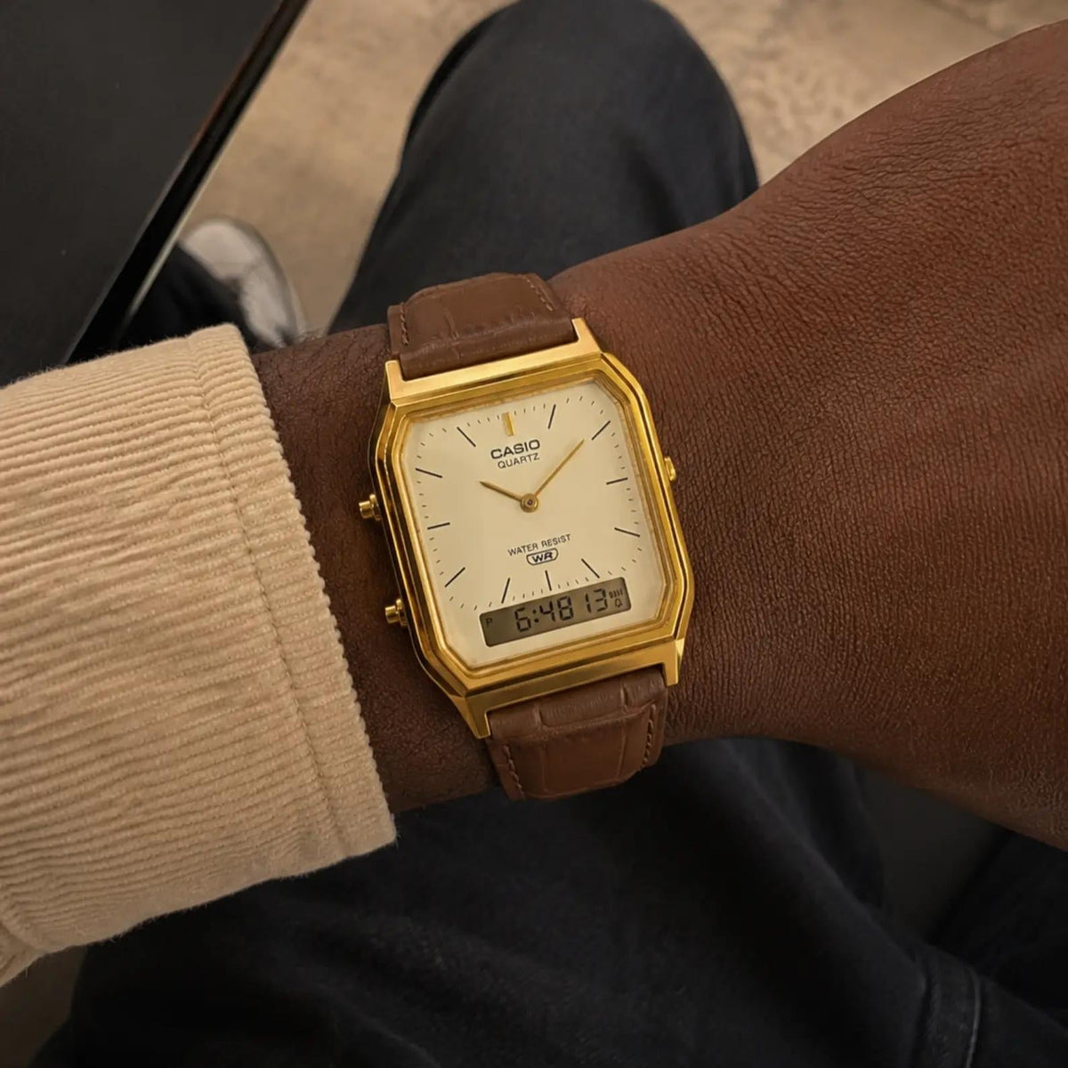 Casio Vintage AQ-230EGL-9ADF Champagne Gold Dial Brown Leather Gold Tone Analog-Digital Unisex Watch | Casio AQ-230EGL-9ADF - VERSE -