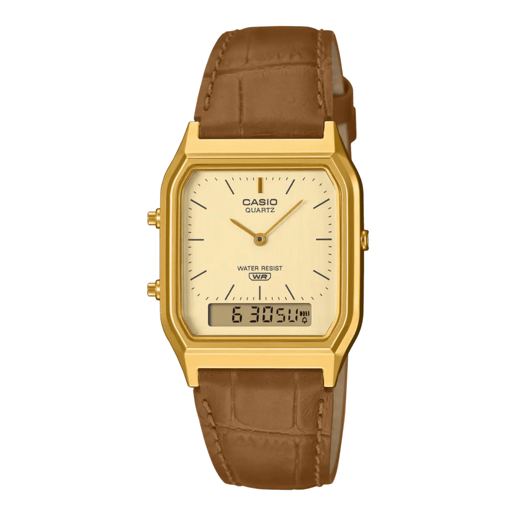 Casio Vintage AQ-230EGL-9ADF Champagne Gold Dial Brown Leather Gold Tone Analog-Digital Unisex Watch | Casio AQ-230EGL-9ADF - VERSE -