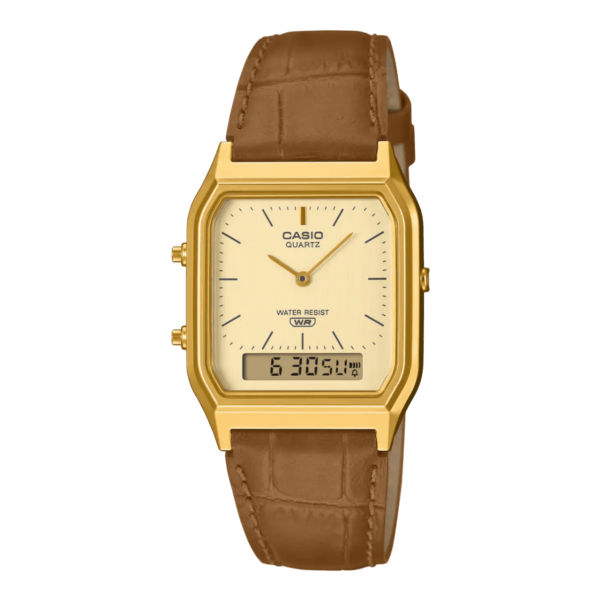 Casio Vintage AQ-230EGL-9ADF Champagne Gold Dial Brown Leather Gold Tone Analog-Digital Unisex Watch | Casio AQ-230EGL-9ADF - VERSE -