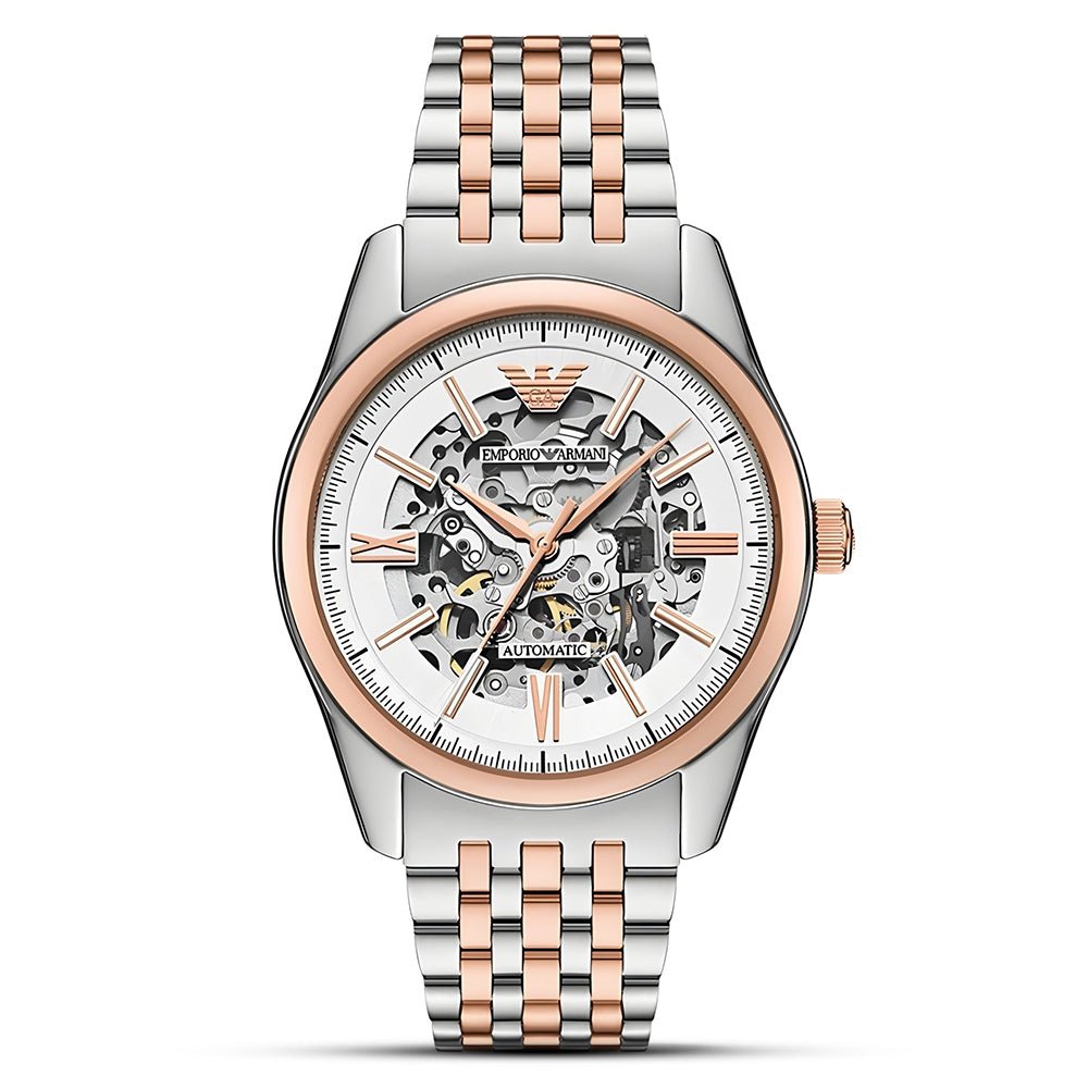 Emporio Armani Antonio Automatic Silver Skeleton Dial Two-Tone Stainless Steel Men's Watch | Emporio Armani AR60092 - VERSE -
