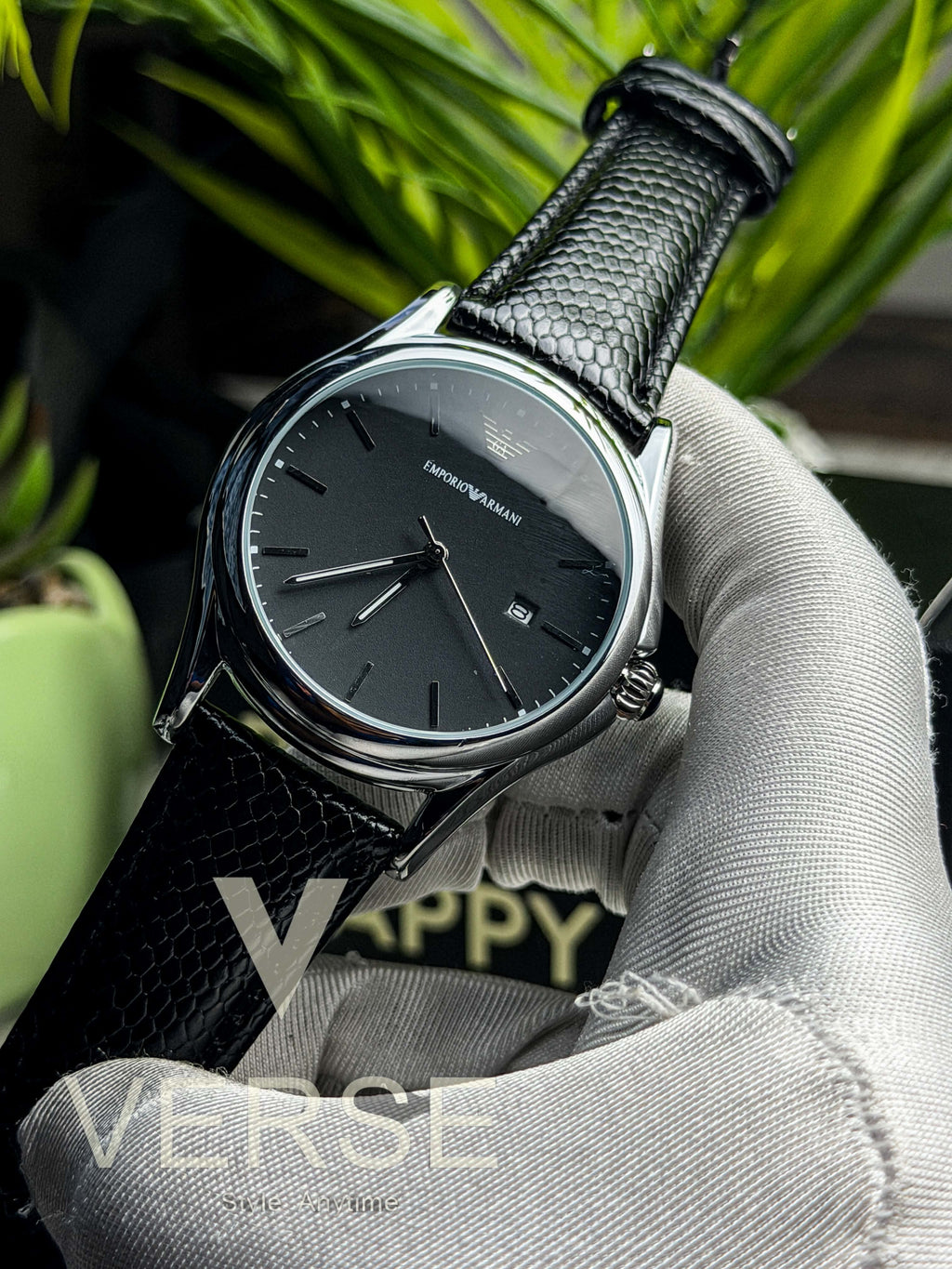 Emporio Armani Classic Three-Hand Quartz | Black Dial Black Leather Strap - ( Double A ) - VERSE -