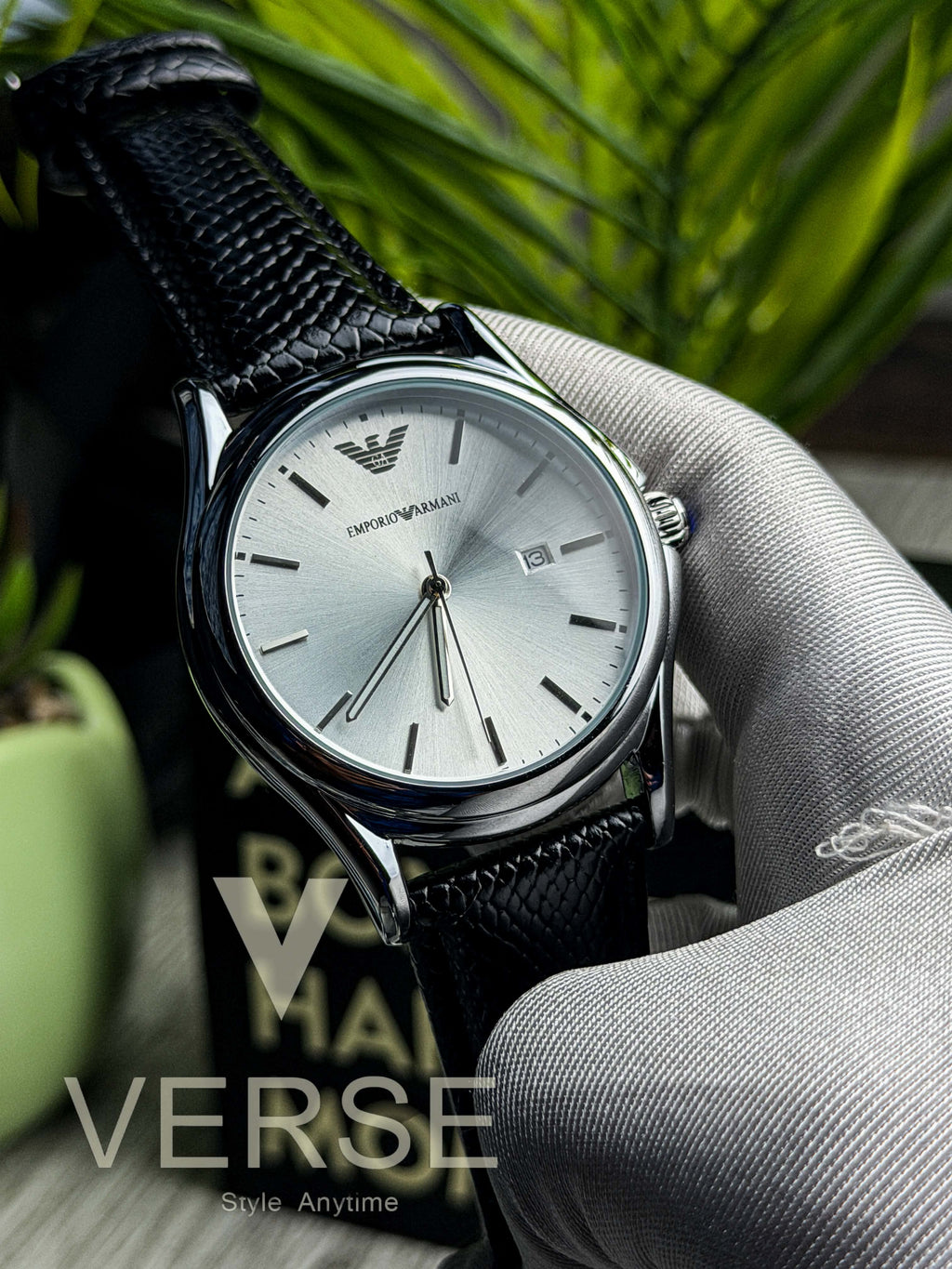 Emporio Armani Classic Three-Hand Quartz | Silver Dial Black Leather Strap - ( Double A ) - VERSE -