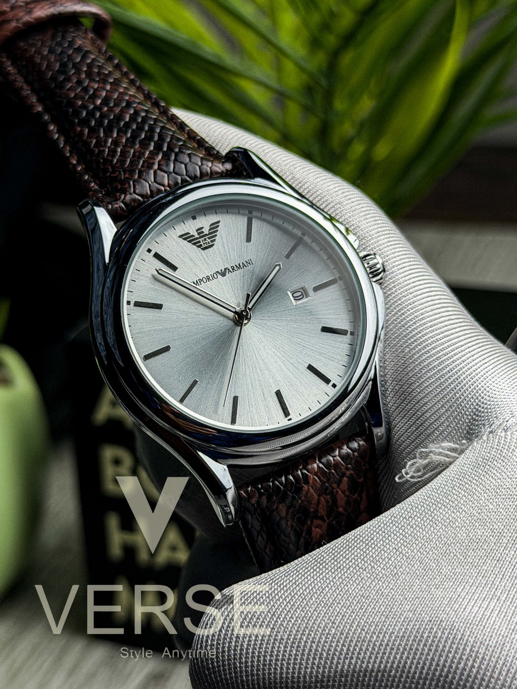 Emporio Armani Classic Three-Hand Quartz | Silver Dial Brown Leather Strap - ( Double A ) - VERSE -