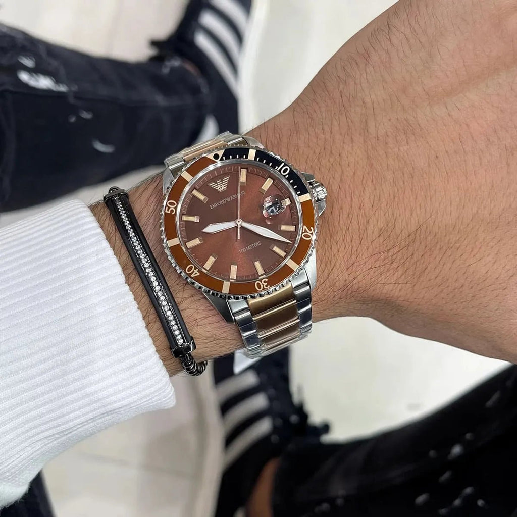 Emporio Armani Diver Two-Tone Deep Brown Dial Stainless Steel Men's 100M Watch | Emporio Armani AR11340 - VERSE -