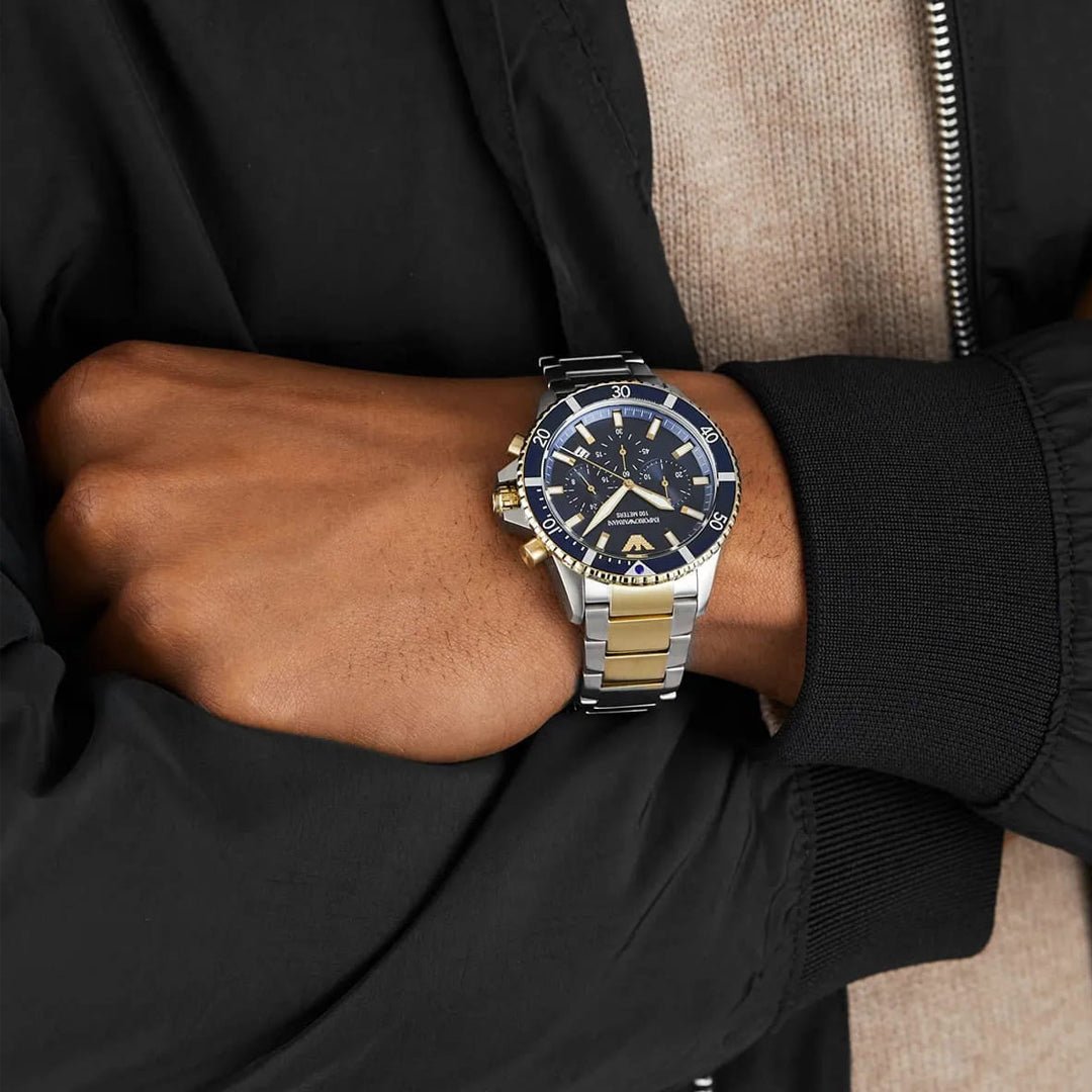 Emporio Armani Mario Chronograph Navy Blue Dial Two-Tone Stainless Steel Men's 100M Watch | Emporio Armani AR11362 - VERSE -