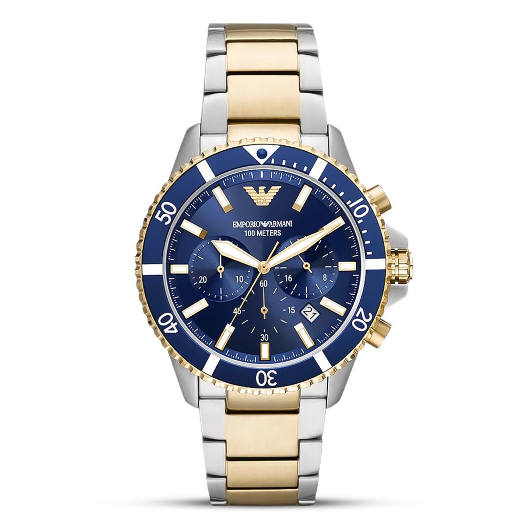 Emporio Armani Mario Chronograph Navy Blue Dial Two-Tone Stainless Steel Men's 100M Watch | Emporio Armani AR11362 - VERSE -