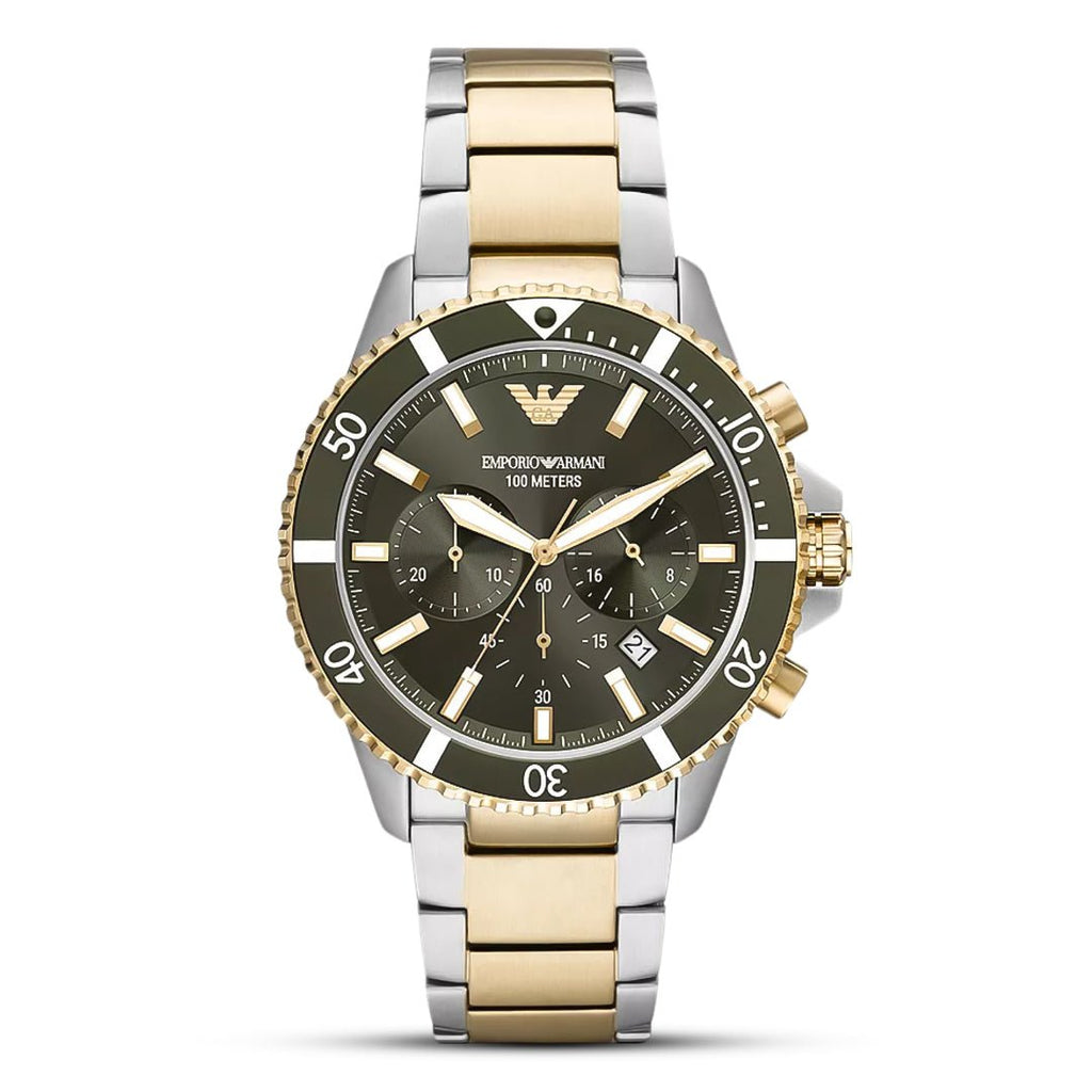 Emporio Armani Mario Chronograph Rifle Green Dial Two-Tone Stainless Steel Men's Watch | Emporio Armani AR11361 - VERSE -
