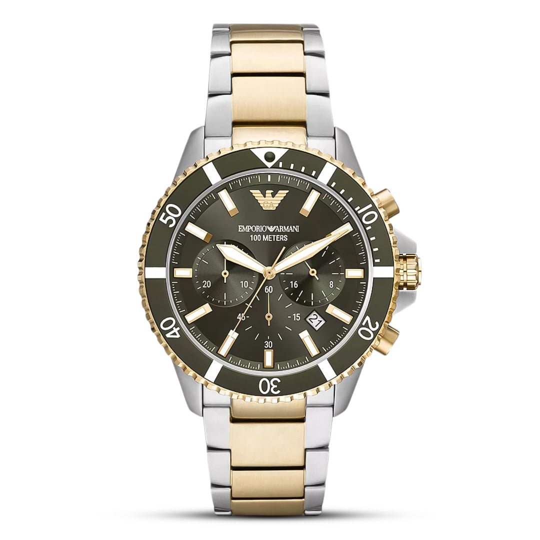 Emporio Armani Mario Chronograph Rifle Green Dial Two-Tone Stainless Steel Men's Watch | Emporio Armani AR11361 - VERSE -