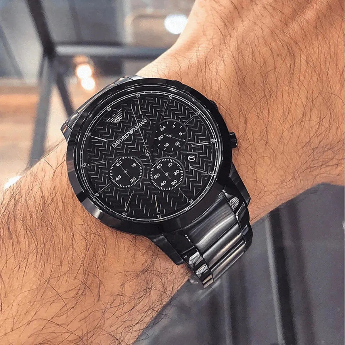 Emporio Armani Renato Chronograph Triple Black Herringbone Dial Black Stainless Steel Men's Watch | Emporio Armani AR2485 - VERSE -