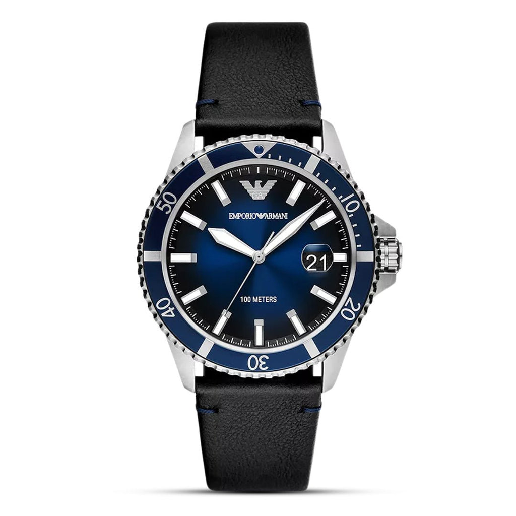 Emporio Armani Sea Explorer Diver Blue Dial Black Leather Men's Watch | AR11516 - VERSE - 