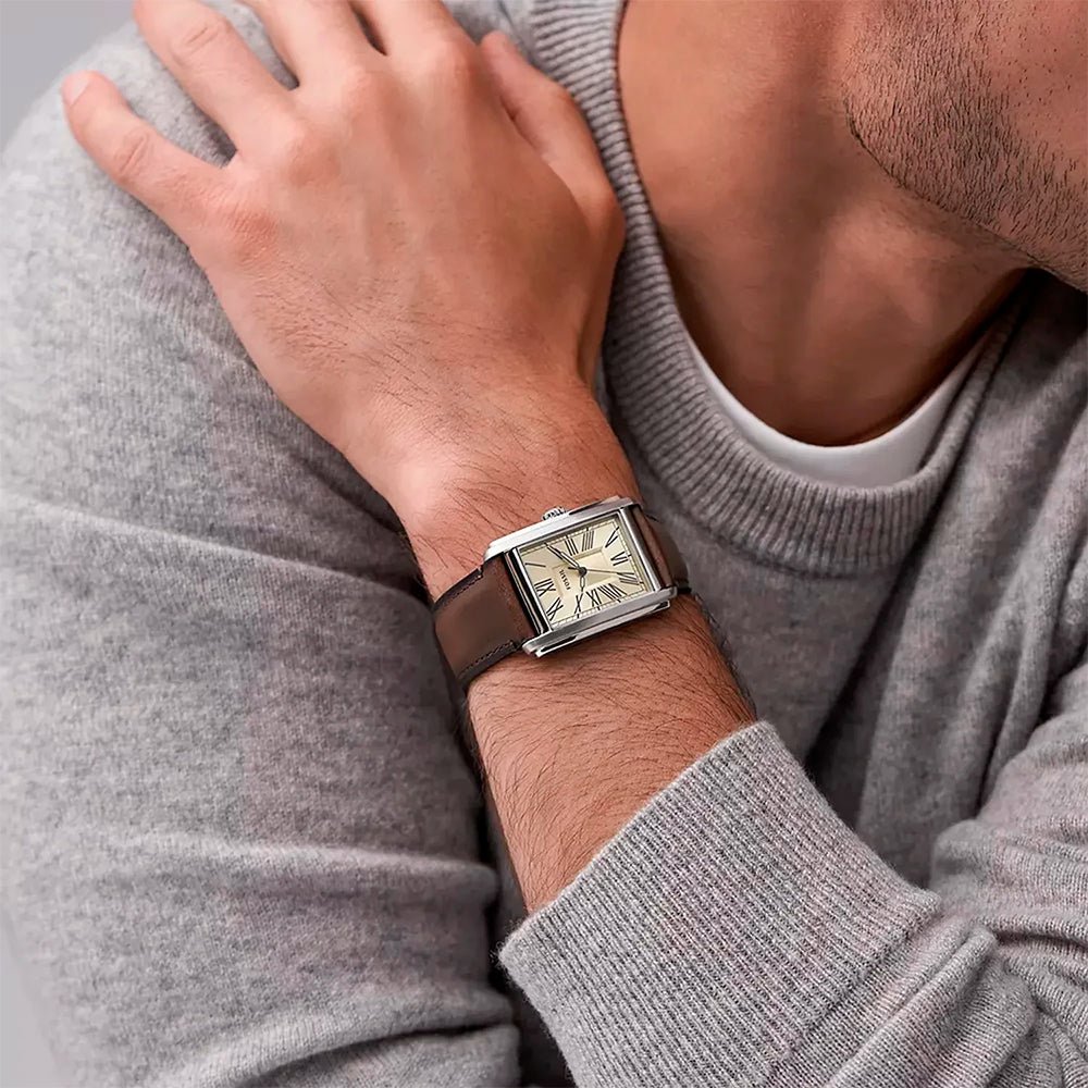 Fossil Carraway FS6012 Cream Dial Dark Brown Leather Men's Tank Watch | Fossil FS6012 - VERSE -
