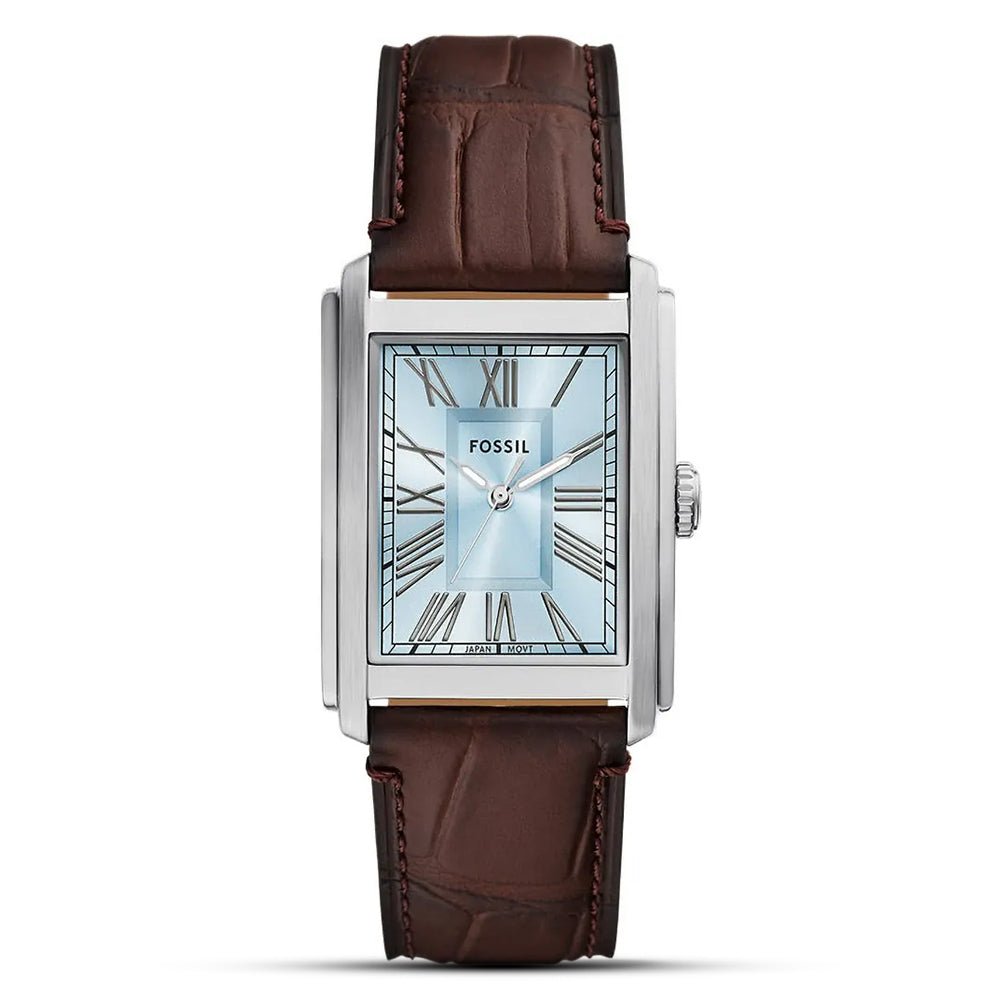 Fossil Carraway Ice Blue Dial Dark Brown Leather Men's Tank Watch | Fossil FS6110 - VERSE -
