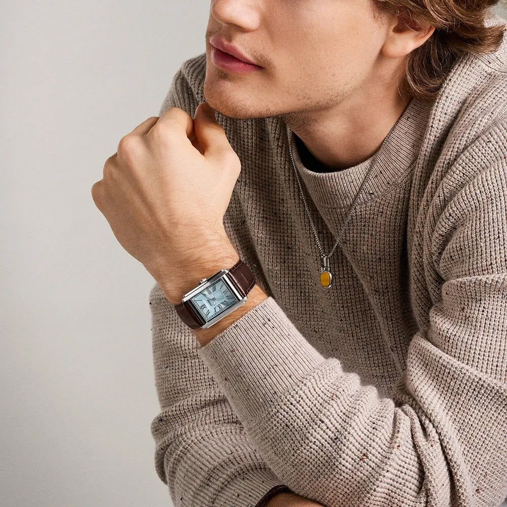 Fossil Carraway Ice Blue Dial Dark Brown Leather Men's Tank Watch | Fossil FS6110 - VERSE -