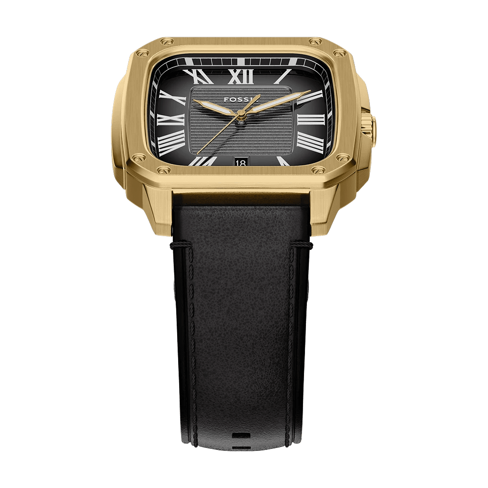 Fossil Crosby Three-Hand Date Gold-Tone Black Dial Black Leather Men's Watch | Fossil FS6151 - VERSE -