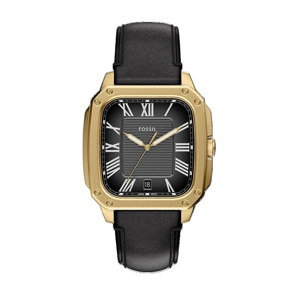 Fossil Crosby Three-Hand Date Gold-Tone Black Dial Black Leather Men's Watch | Fossil FS6151 - VERSE -