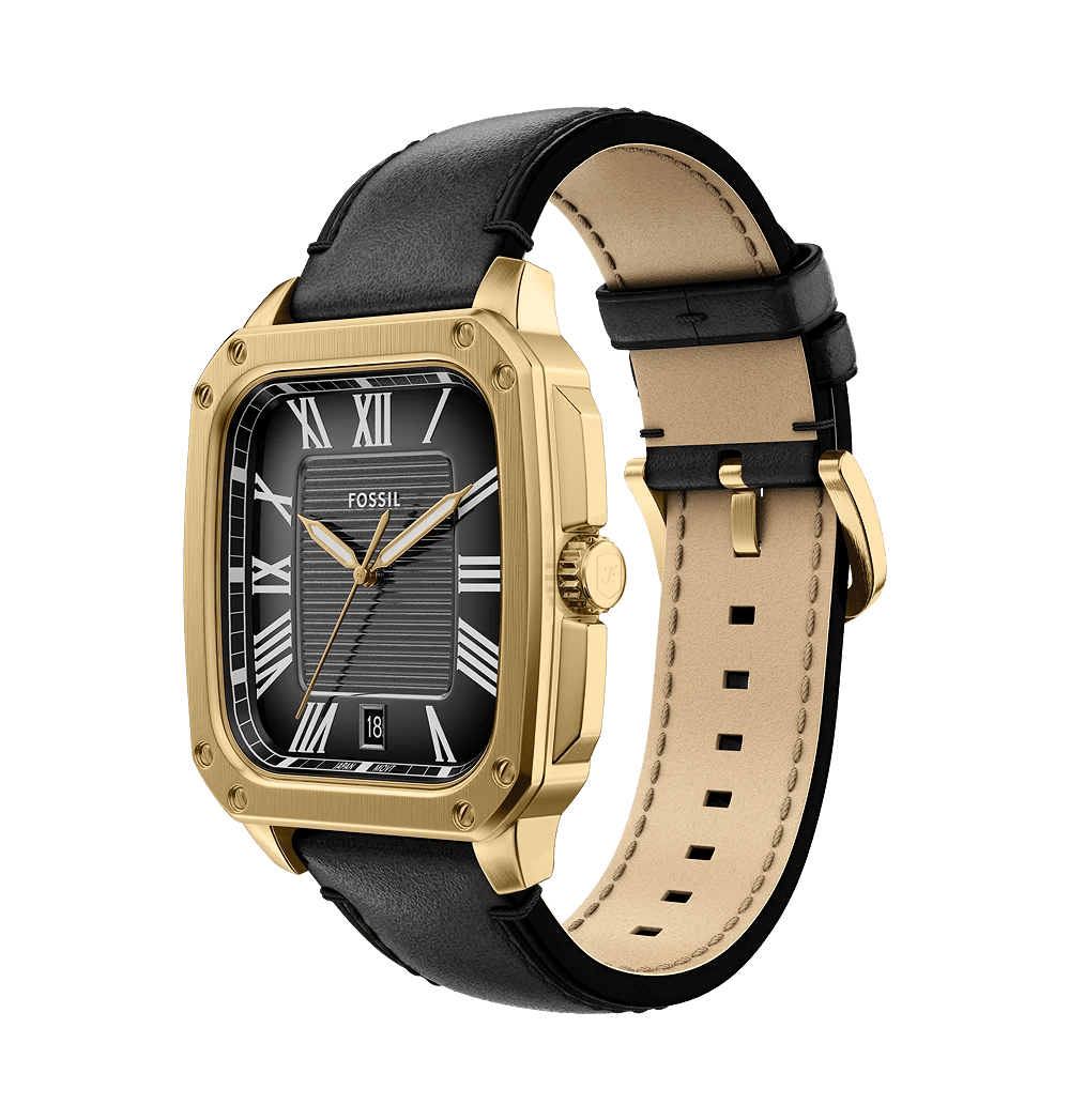 Fossil Crosby Three-Hand Date Gold-Tone Black Dial Black Leather Men's Watch | Fossil FS6151 - VERSE -