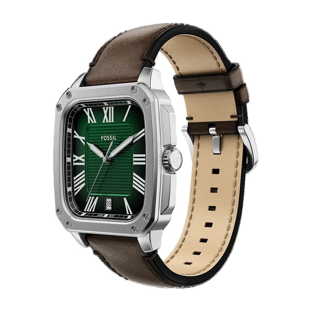 Fossil Crosby Three-Hand Date Satin Green Dial Brown Leather Men's Watch | Fossil FS6150 - VERSE -