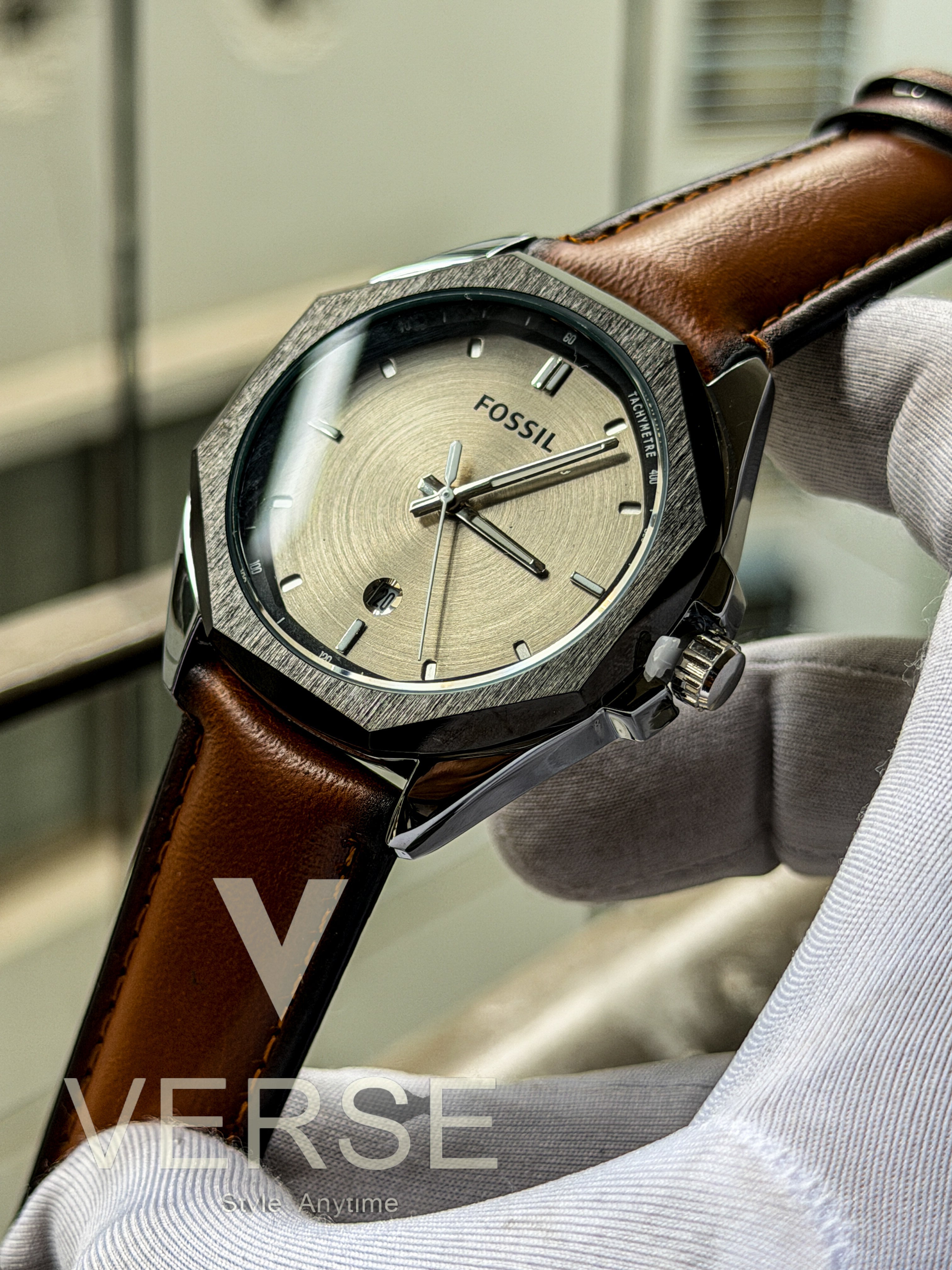 Fossil Everett Edition – Champagne Silver Dial with Tan Leather(Double A) - VERSE - 
