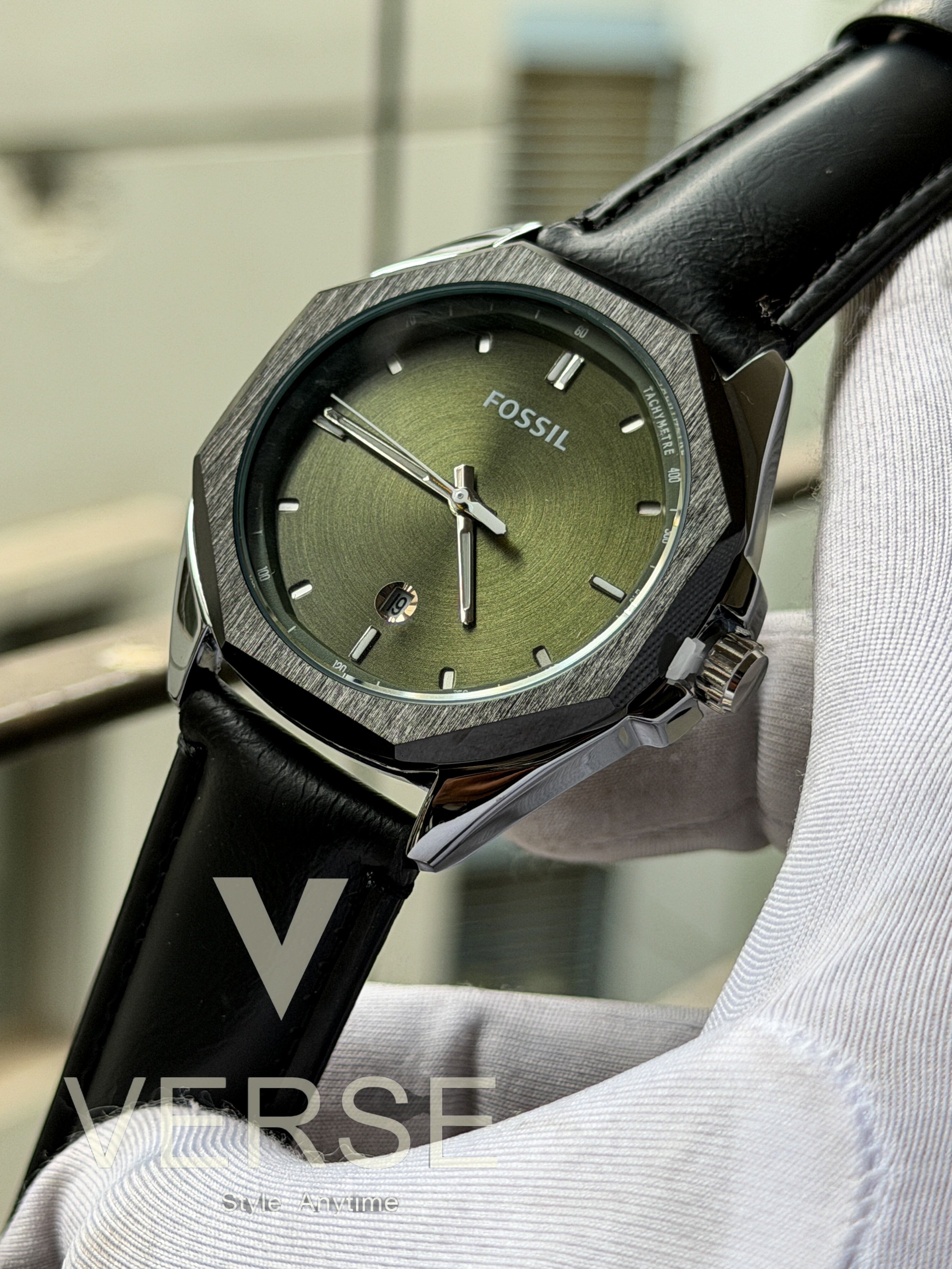 Fossil Everett Edition – Olive Green Dial with Black Leather (Double A) - VERSE - 