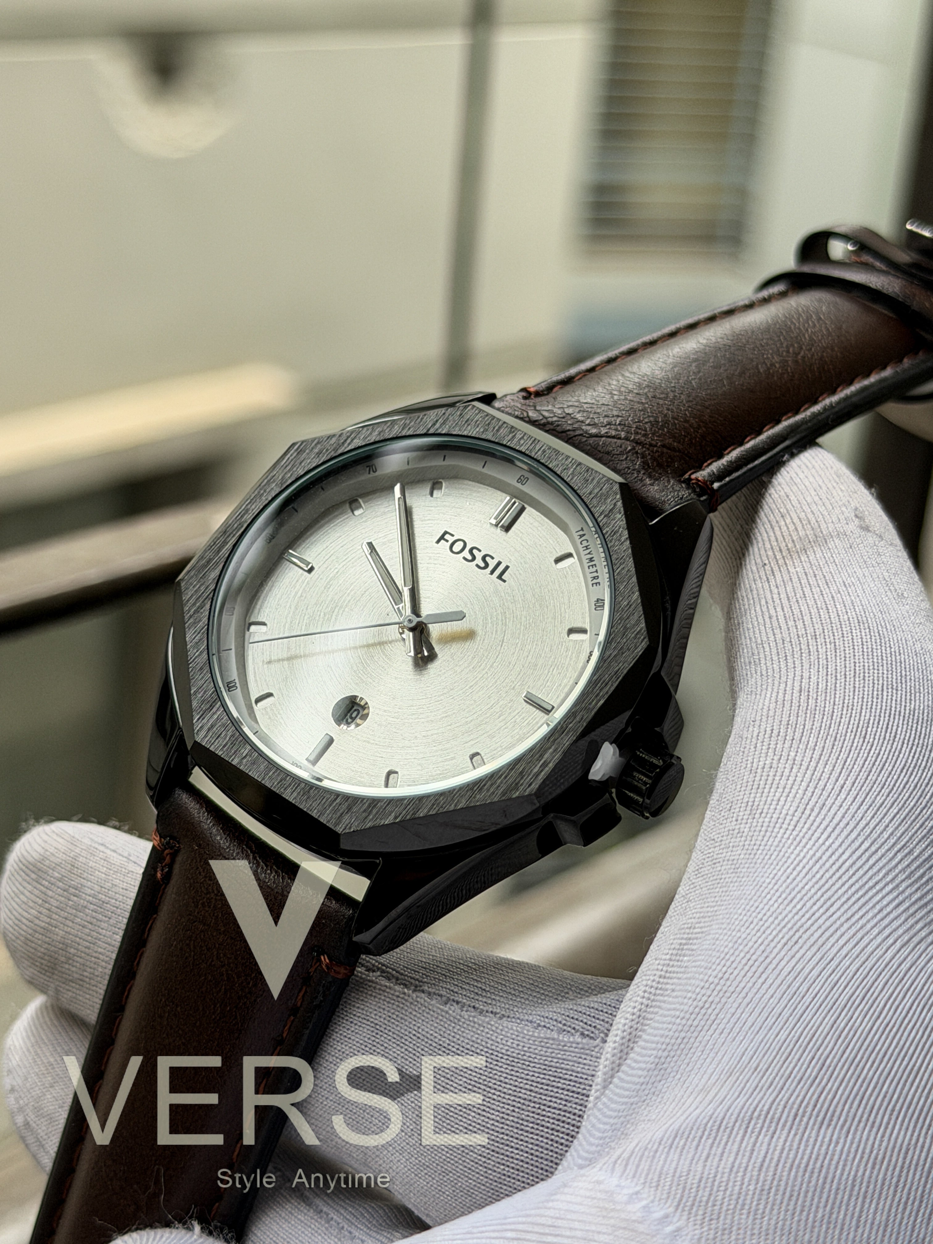Fossil Everett Edition – Silver Dial with Brown leather by(Double A) - VERSE - 
