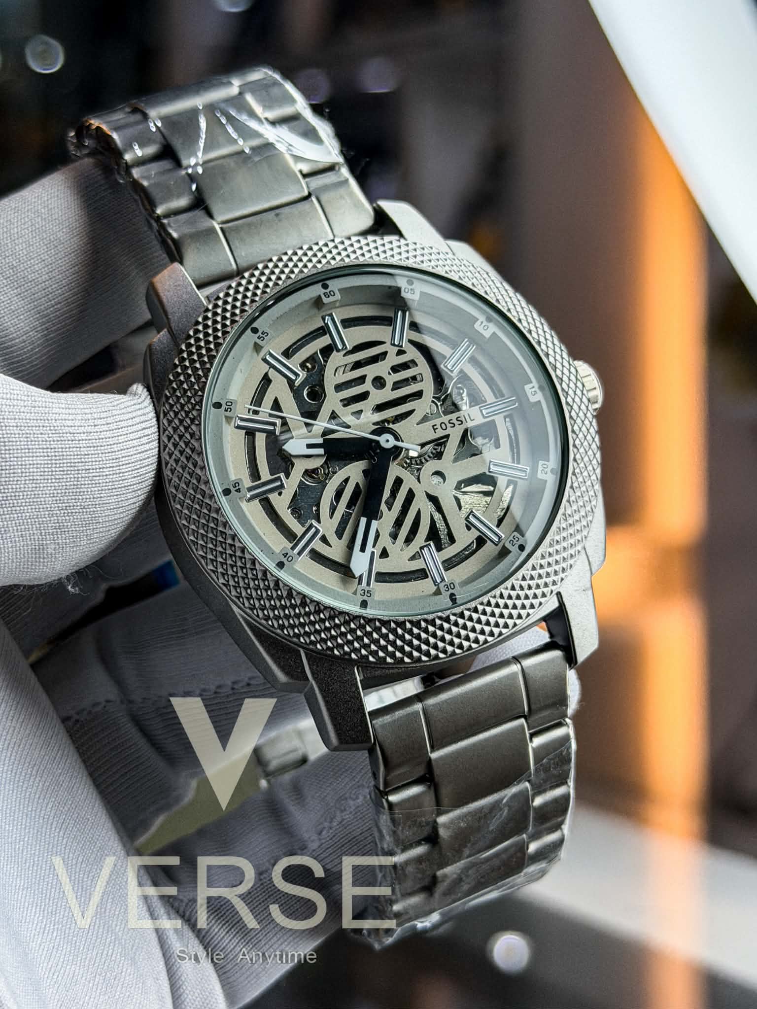Fossil Machine Automatic | Matte Silver Chain Steel Grey Dial - ( Double A ) - VERSE - 